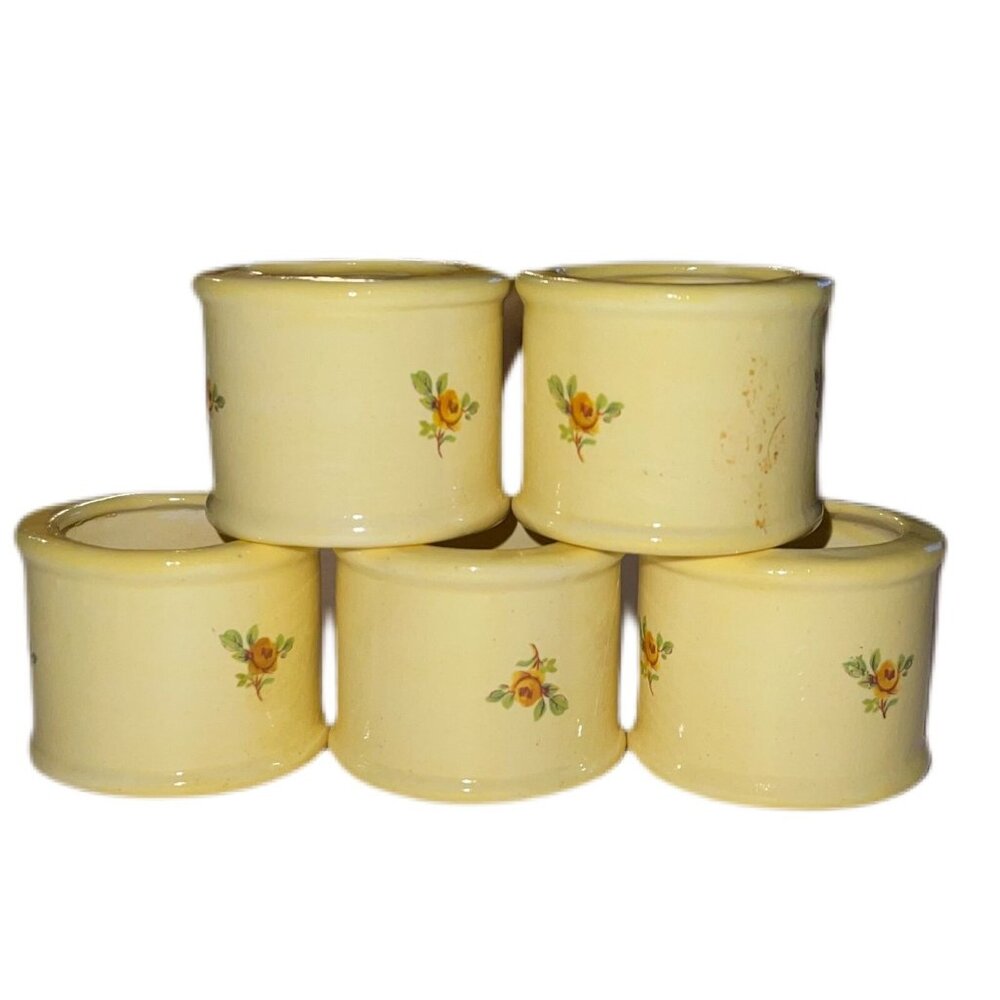 Vintage Ceramic Napkin Ring Holders Yellow With Roses Hand Painted Set of 5